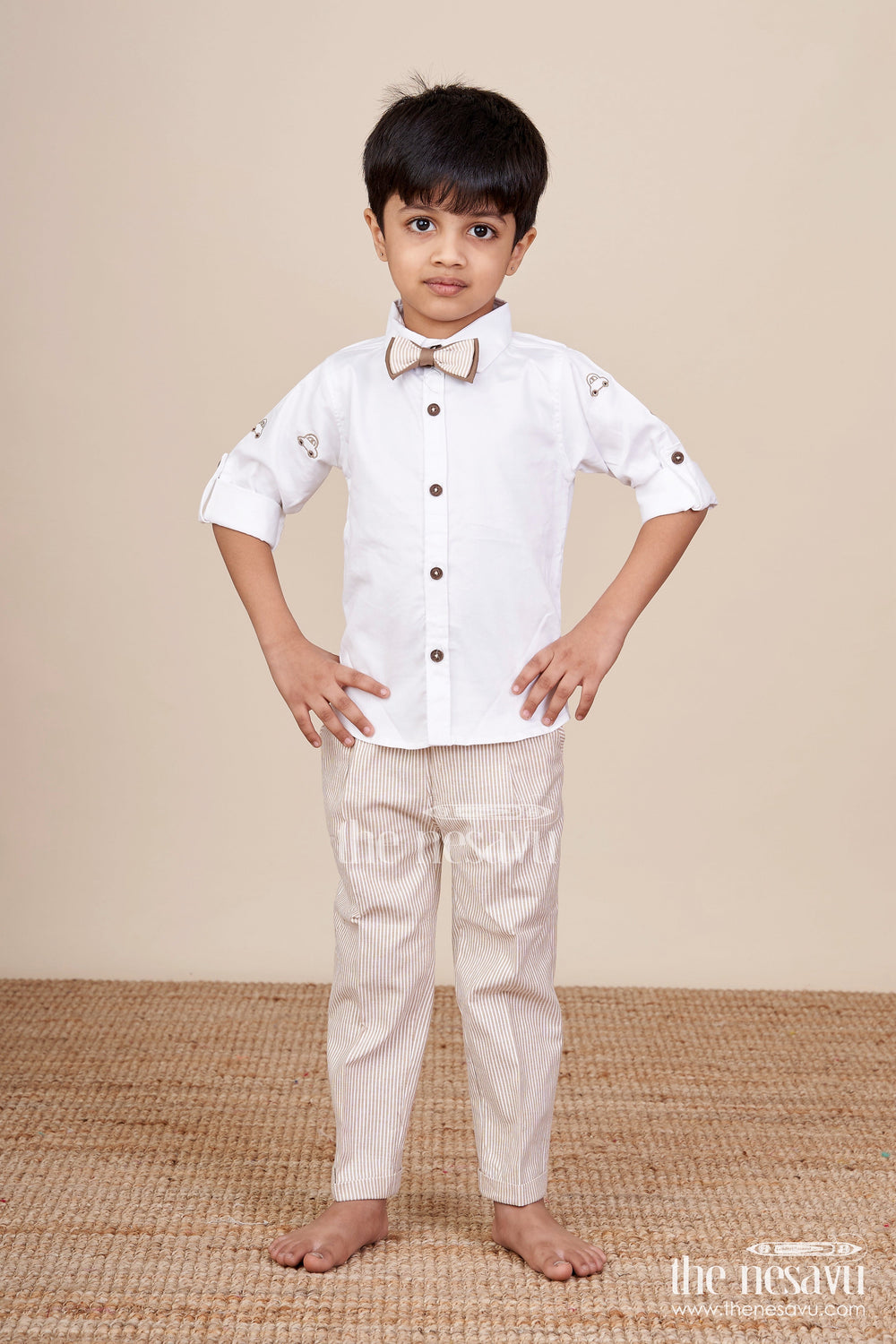 The Nesavu Boys Casual Set Toddler Boys Brown Striped Jacket Set for Festive and Smart Casuals Nesavu Nesavu toddler boys cotton jacket set brown stripes smart casual family events