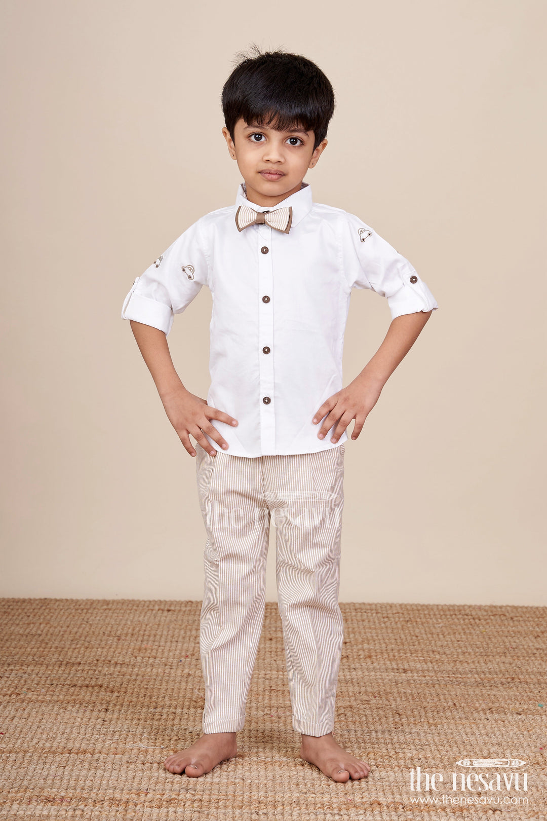 The Nesavu Boys Casual Set Toddler Boys Brown Striped Jacket Set for Festive and Smart Casuals Nesavu Nesavu toddler boys cotton jacket set brown stripes smart casual family events