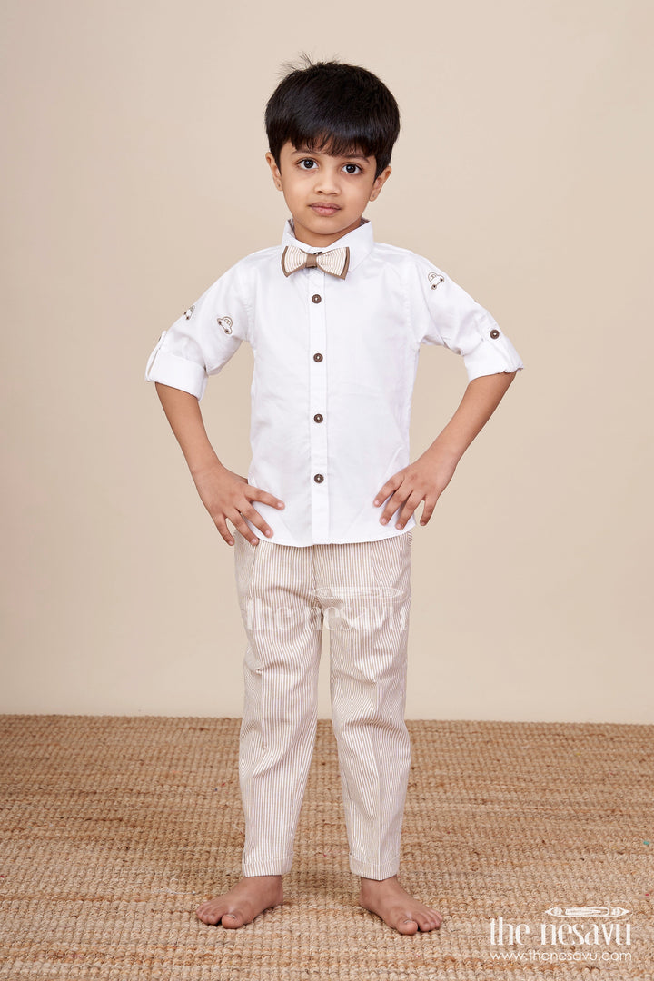 The Nesavu Boys Casual Set Toddler Boys Brown Striped Jacket Set for Festive and Smart Casuals Nesavu Nesavu toddler boys cotton jacket set brown stripes smart casual family events