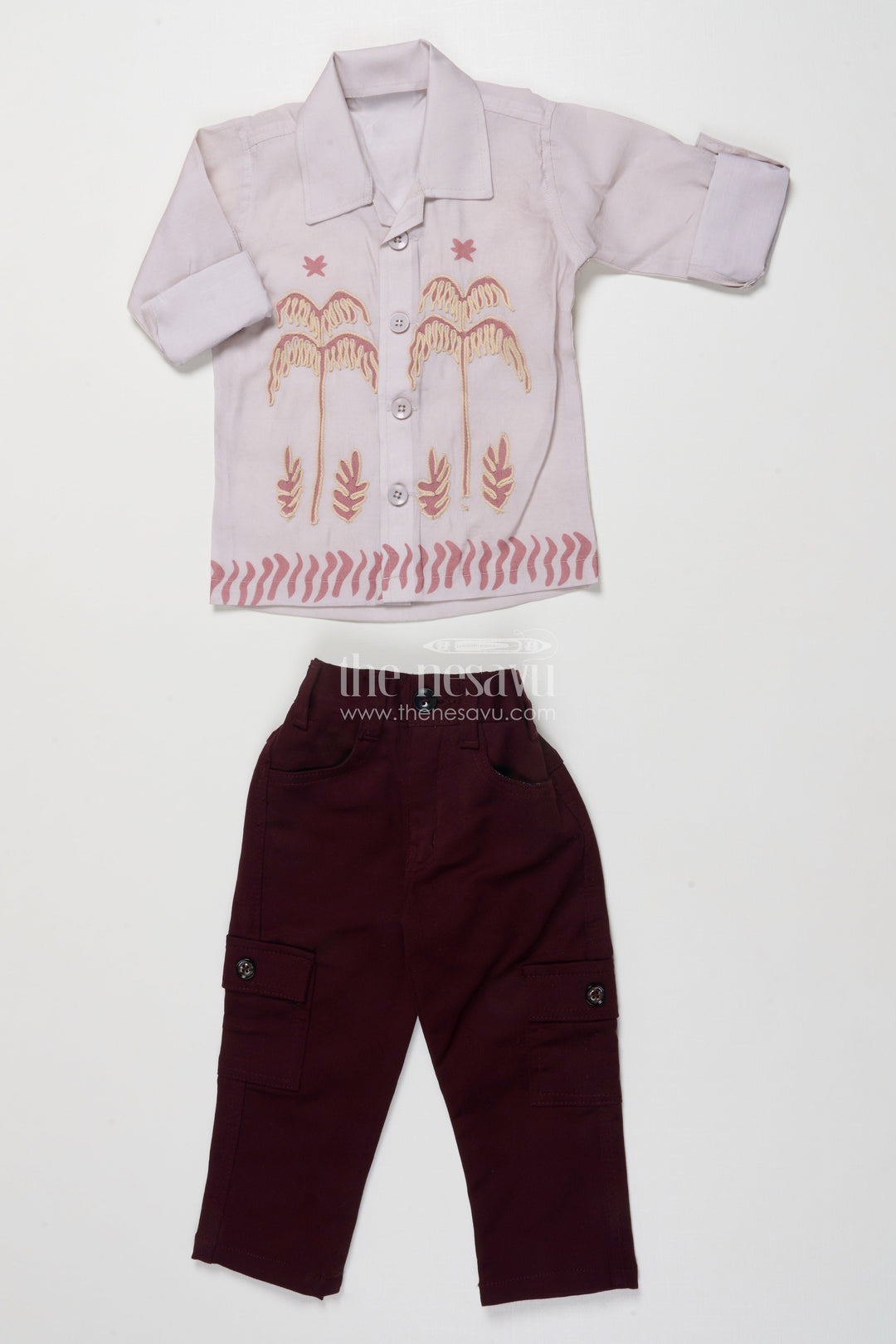 The Nesavu Boys Casual Set Toddler Boys Casual Cotton Outfit with Embroidery for Everyday Style Nesavu 16 (1Y) / Peach BCS494B-16 Nesavu toddler boys cotton blend casual outfit palm embroidery all-day comfort