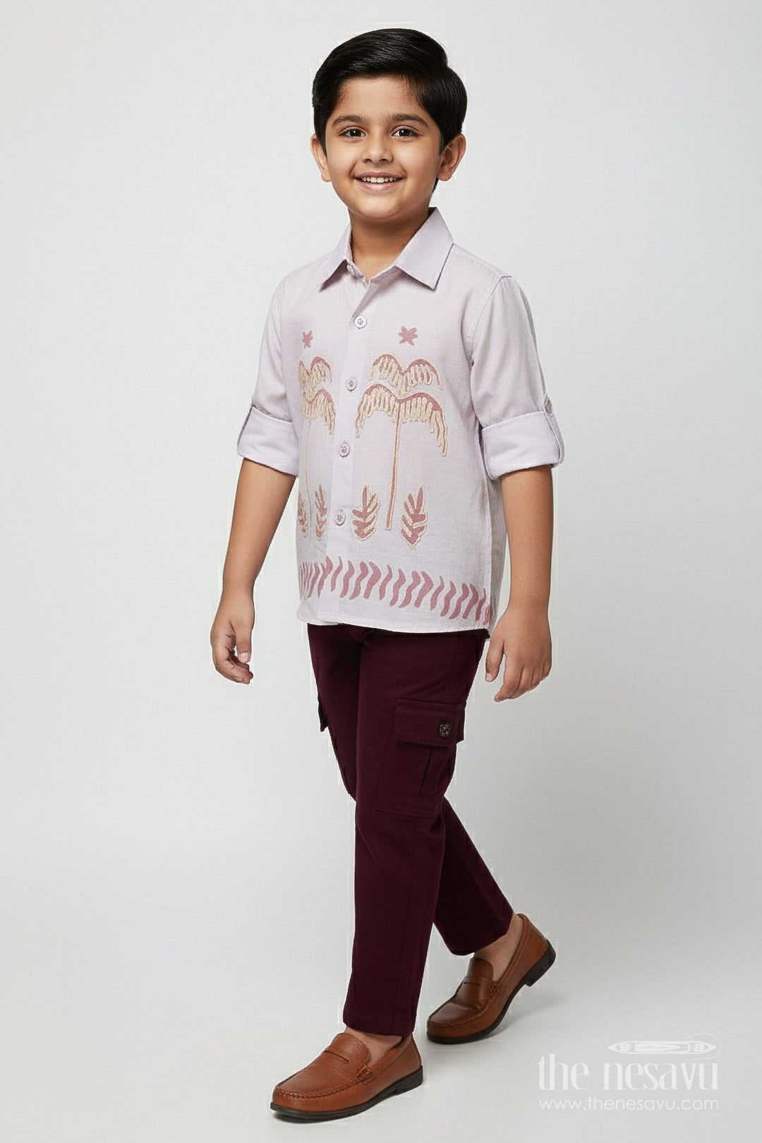 The Nesavu Boys Casual Set Toddler Boys Casual Cotton Outfit with Embroidery for Everyday Style Nesavu 16 (1Y) / Peach BCS494B-16 Nesavu toddler boys cotton blend casual outfit palm embroidery all-day comfort