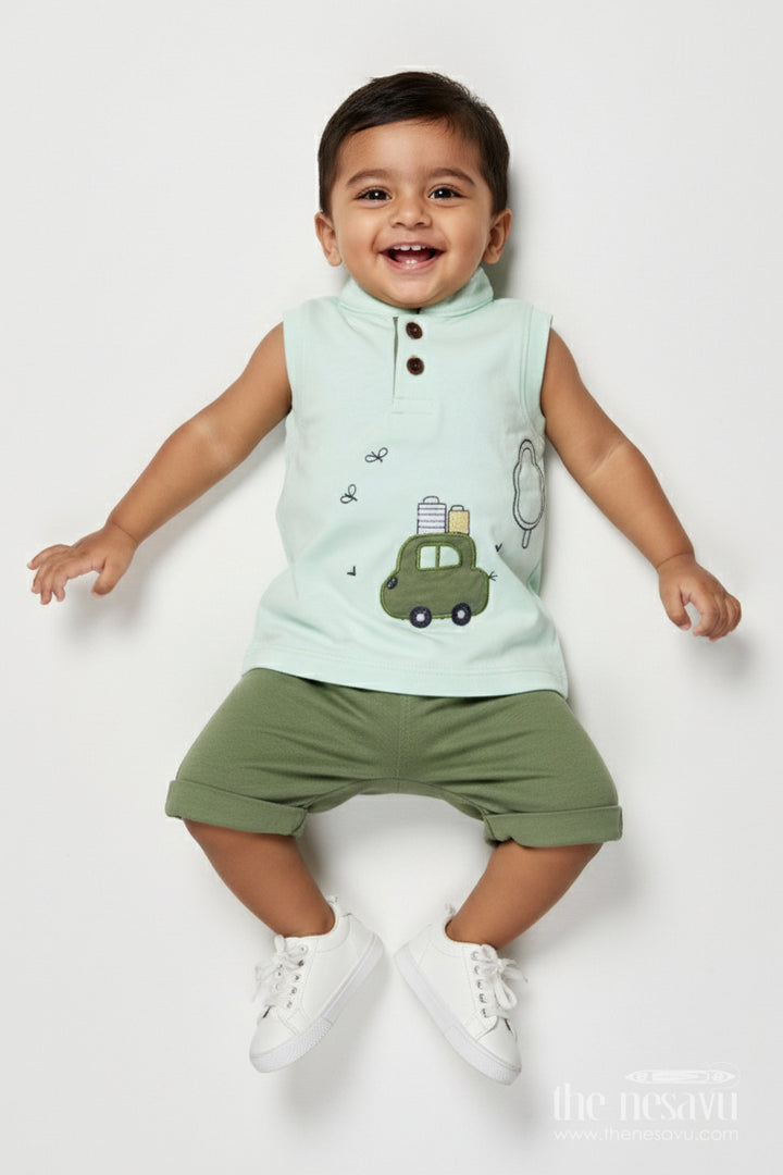 The Nesavu Boys Casual Set Toddler Boys Casual Cotton Set with Embroidery for Everyday Wear Nesavu 14 (6M) / Green BCS510B-14 Nesavu toddler boys embroidered cotton shirt shorts set daily casual dressing