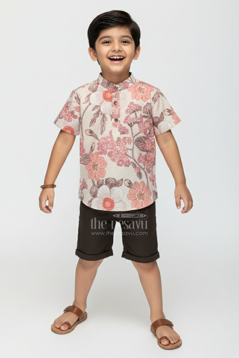 The Nesavu Boys Casual Set Toddler Boys Casual Floral Set for Weekend Outings Nesavu 14 (6M) / Cream BCS410A-14 Nesavu toddler boys casual floral set playdates travel everyday comfort