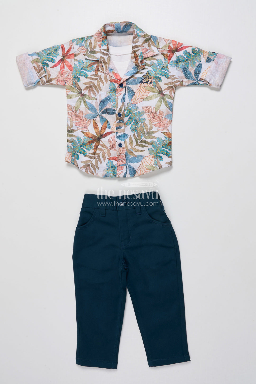 The Nesavu Boys Casual Set Toddler Boys Casual Set with Printed Shirt and T-Shirt Combo Nesavu 16 (1Y) / Blue BCS470A-16 Nesavu toddler boys casual outfit printed cotton shirt t-shirt set daily wear