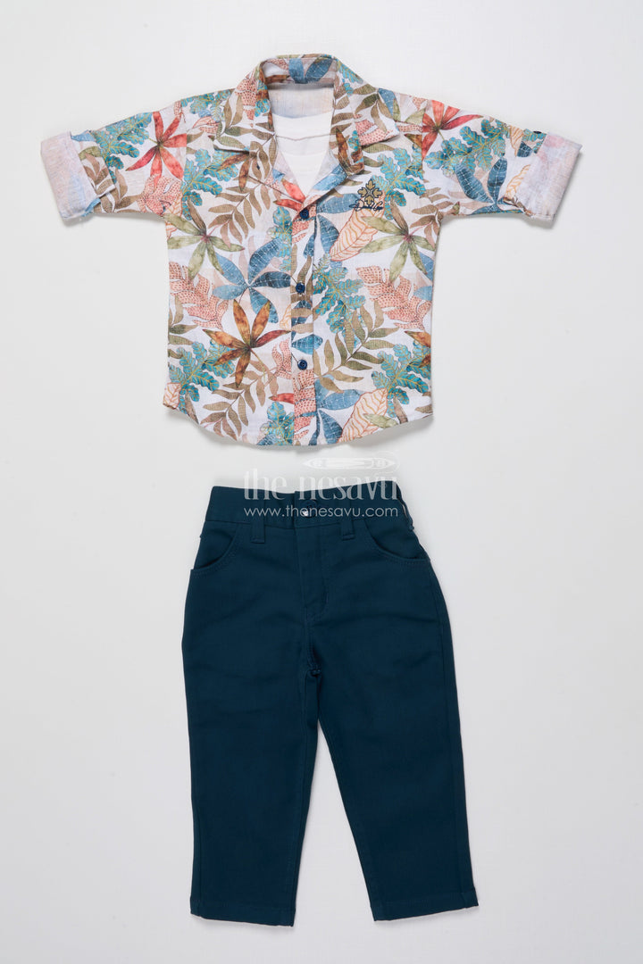 The Nesavu Boys Casual Set Toddler Boys Casual Set with Printed Shirt and T-Shirt Combo Nesavu 16 (1Y) / Blue BCS470A-16 Nesavu toddler boys casual outfit printed cotton shirt t-shirt set daily wear