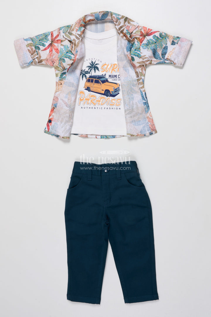 The Nesavu Boys Casual Set Toddler Boys Casual Set with Printed Shirt and T-Shirt Combo Nesavu Nesavu toddler boys casual outfit printed cotton shirt t-shirt set daily wear
