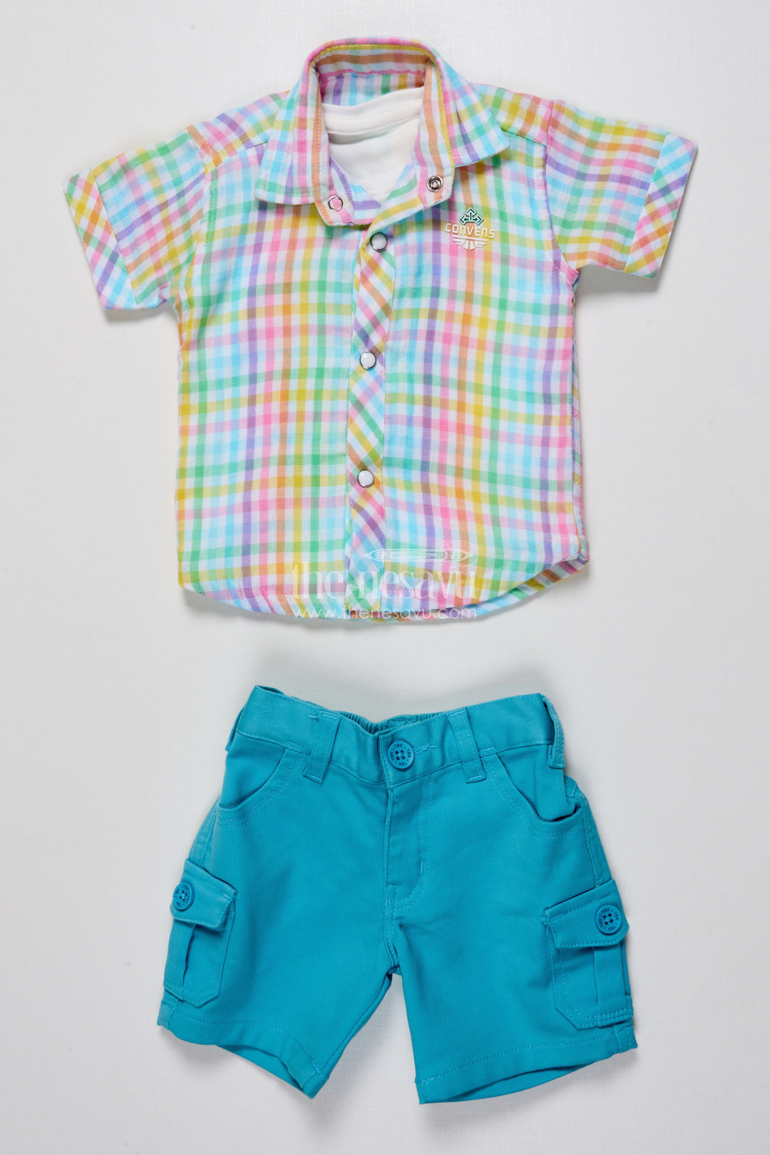 The Nesavu Boys Casual Set Toddler Boys Casual Set with Striped Shirt and T-Shirt Combo Nesavu 14 (6M) / Blue BCS471A-14 Nesavu toddler boys casual outfit striped cotton shirt graphic tee summer days