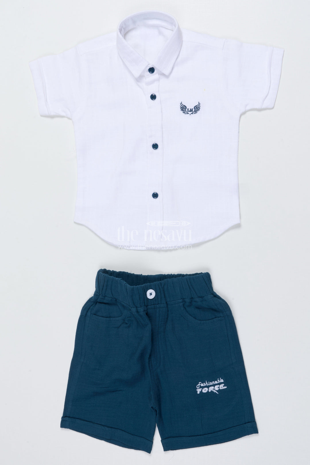The Nesavu Boys Casual Set Toddler Boys Casual Shirt and Shorts Set for Everyday Comfort Nesavu 14 (6M) / Blue BCS501A-14 Nesavu toddler boys cotton casual set daycare playtime everyday wear