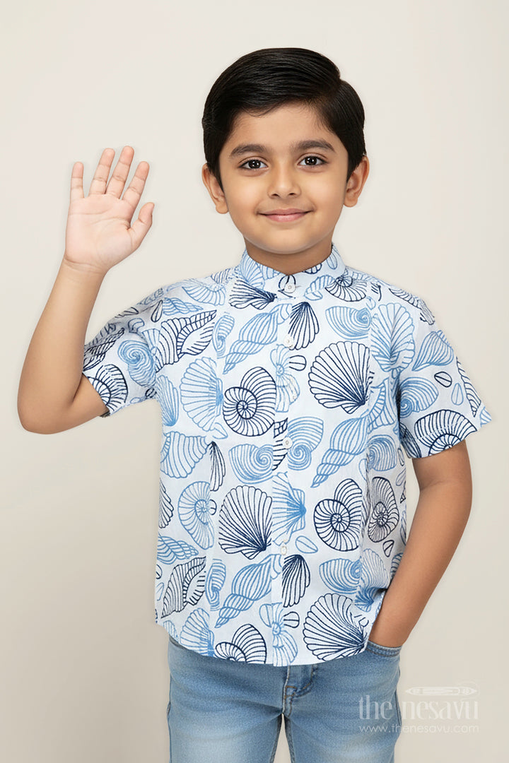 The Nesavu Boys Cotton Shirt Toddler Boys Casual Shirt for Day Events with Blue Nautical Shell Print On Soft Cotton Nesavu 16 (1Y) / Blue BS267A-16 Nesavu Toddler Boys Casual Cotton Shirt Navy Blue Shell Digital Print Daytime Wear