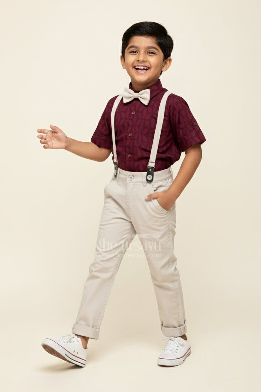 The Nesavu Boys Casual Set Toddler Boys Cotton Blend Maroon Shirt and Beige Pants Set with Bow Tie Nesavu 16 (1Y) / Maroon BCS378A-16 Nesavu toddler boys cotton blend shirt with bow tie, suspenders, and beige trousers set