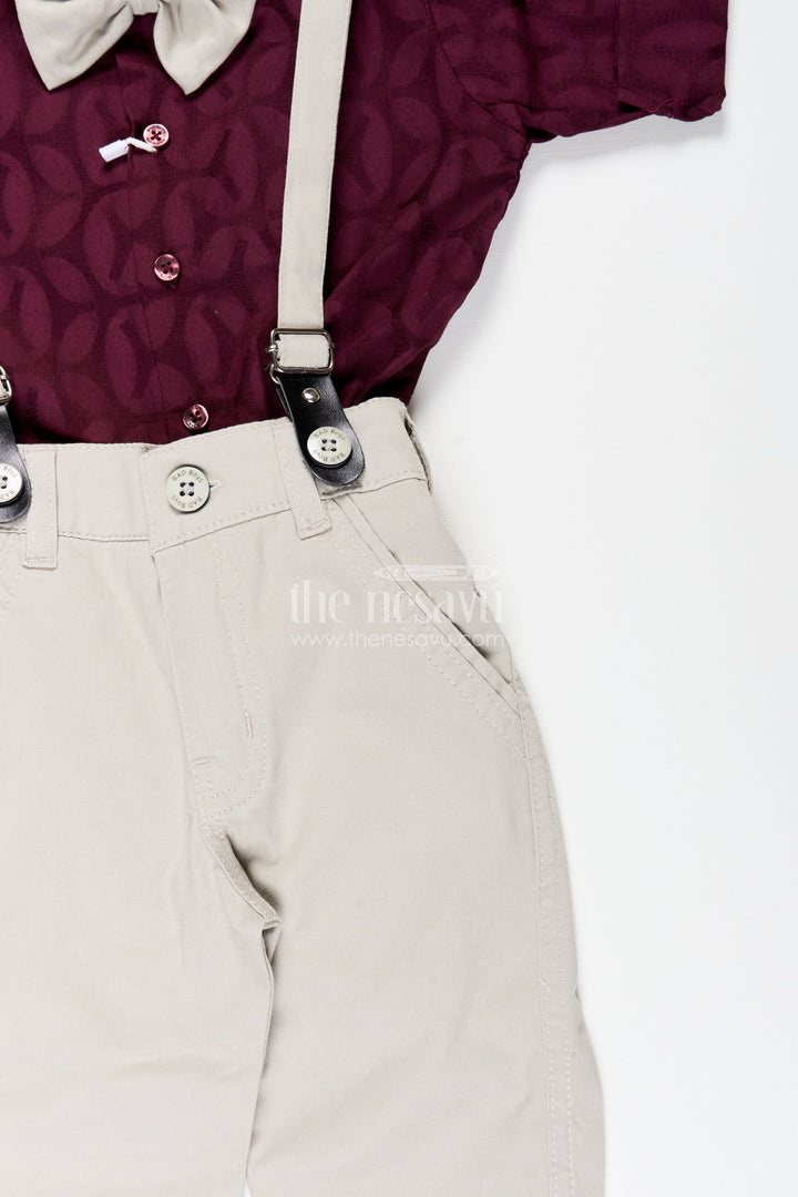 The Nesavu Boys Casual Set Toddler Boys Cotton Blend Maroon Shirt and Beige Pants Set with Bow Tie Nesavu Nesavu toddler boys cotton blend shirt with bow tie, suspenders, and beige trousers set
