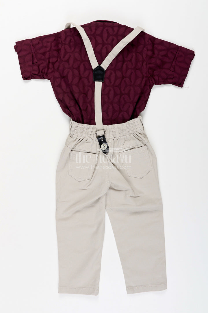 The Nesavu Boys Casual Set Toddler Boys Cotton Blend Maroon Shirt and Beige Pants Set with Bow Tie Nesavu Nesavu toddler boys cotton blend shirt with bow tie, suspenders, and beige trousers set