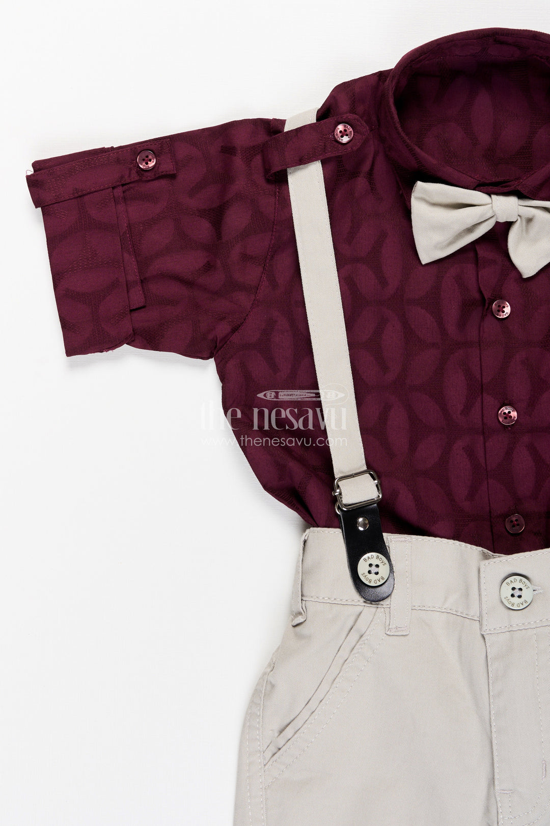 The Nesavu Boys Casual Set Toddler Boys Cotton Blend Maroon Shirt and Beige Pants Set with Bow Tie Nesavu Nesavu toddler boys cotton blend shirt with bow tie, suspenders, and beige trousers set