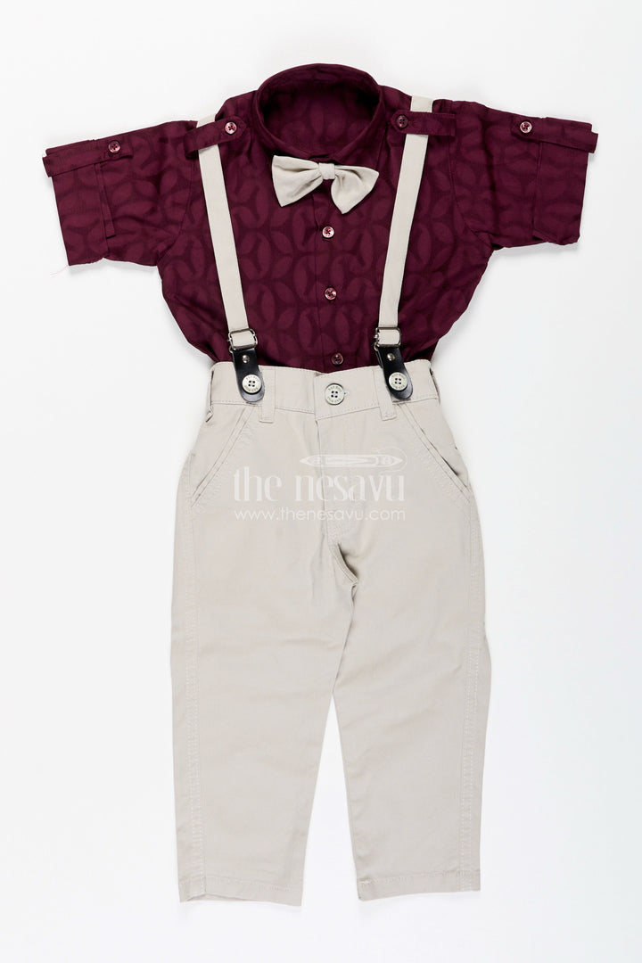 The Nesavu Boys Casual Set Toddler Boys Cotton Blend Maroon Shirt and Beige Pants Set with Bow Tie Nesavu Nesavu toddler boys cotton blend shirt with bow tie, suspenders, and beige trousers set