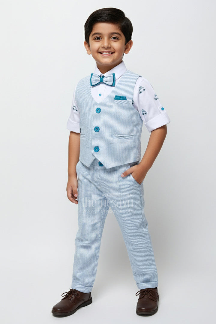 The Nesavu Boys Casual Set Toddler Boys Cotton Jacket Set with Blue Stripes for Casual Dressing Nesavu 16 (1Y) / Blue BCS417C-16 Nesavu toddler boys cotton casual set blue striped jacket playdates smart wear