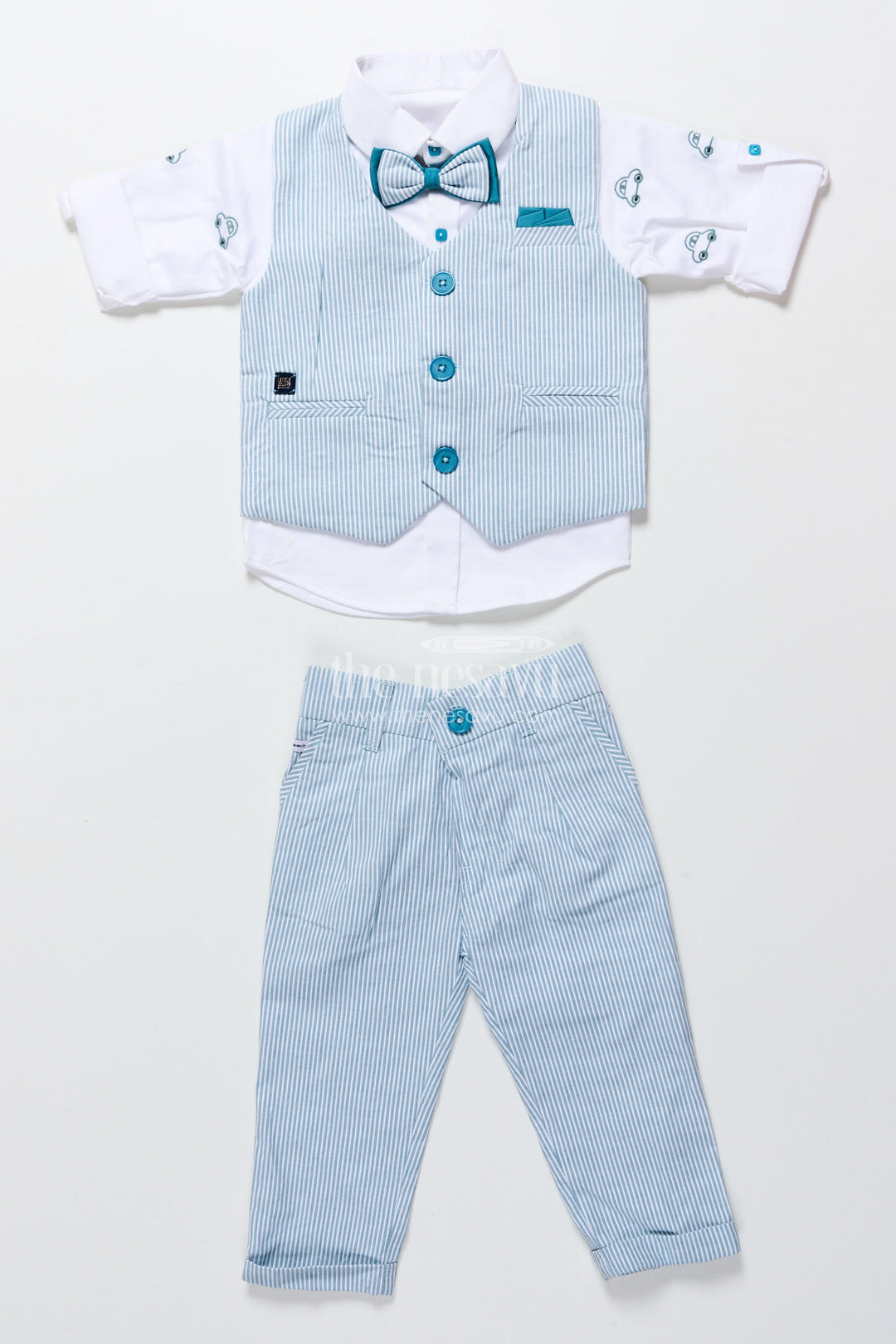 The Nesavu Boys Casual Set Toddler Boys Cotton Jacket Set with Blue Stripes for Casual Dressing Nesavu Nesavu toddler boys cotton casual set blue striped jacket playdates smart wear