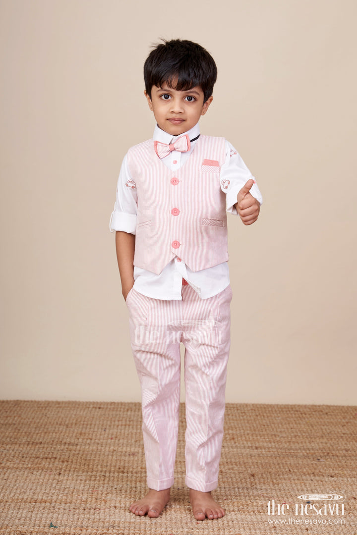 The Nesavu Boys Casual Set Toddler Boys Cotton Jacket Set with Pink Striped Design Nesavu Nesavu toddler boys cotton casual set pink striped jacket everyday smart wear