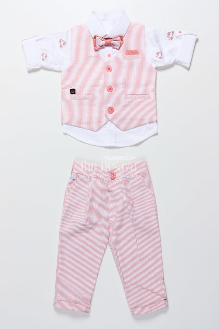 The Nesavu Boys Casual Set Toddler Boys Cotton Jacket Set with Pink Striped Design Nesavu Nesavu toddler boys cotton casual set pink striped jacket everyday smart wear