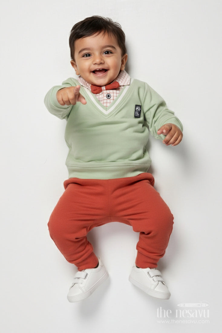 The Nesavu Boys Casual Set Toddler Boys Cotton Set with Cartoon Print for Cozy Casual Wear Nesavu 12 (3M) / Green BCS523A-12 Nesavu toddler boys cotton set cartoon print tee pants cozy daily wear