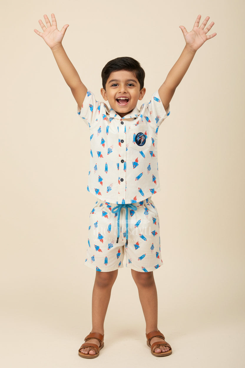 The Nesavu Boys Casual Set Toddler Boys Cotton Shirt and Shorts Set for Casual Outings Nesavu 16 (1Y) / White BCS396A-16 Nesavu toddler boys cotton casual shirt shorts set daily wear weekend outings