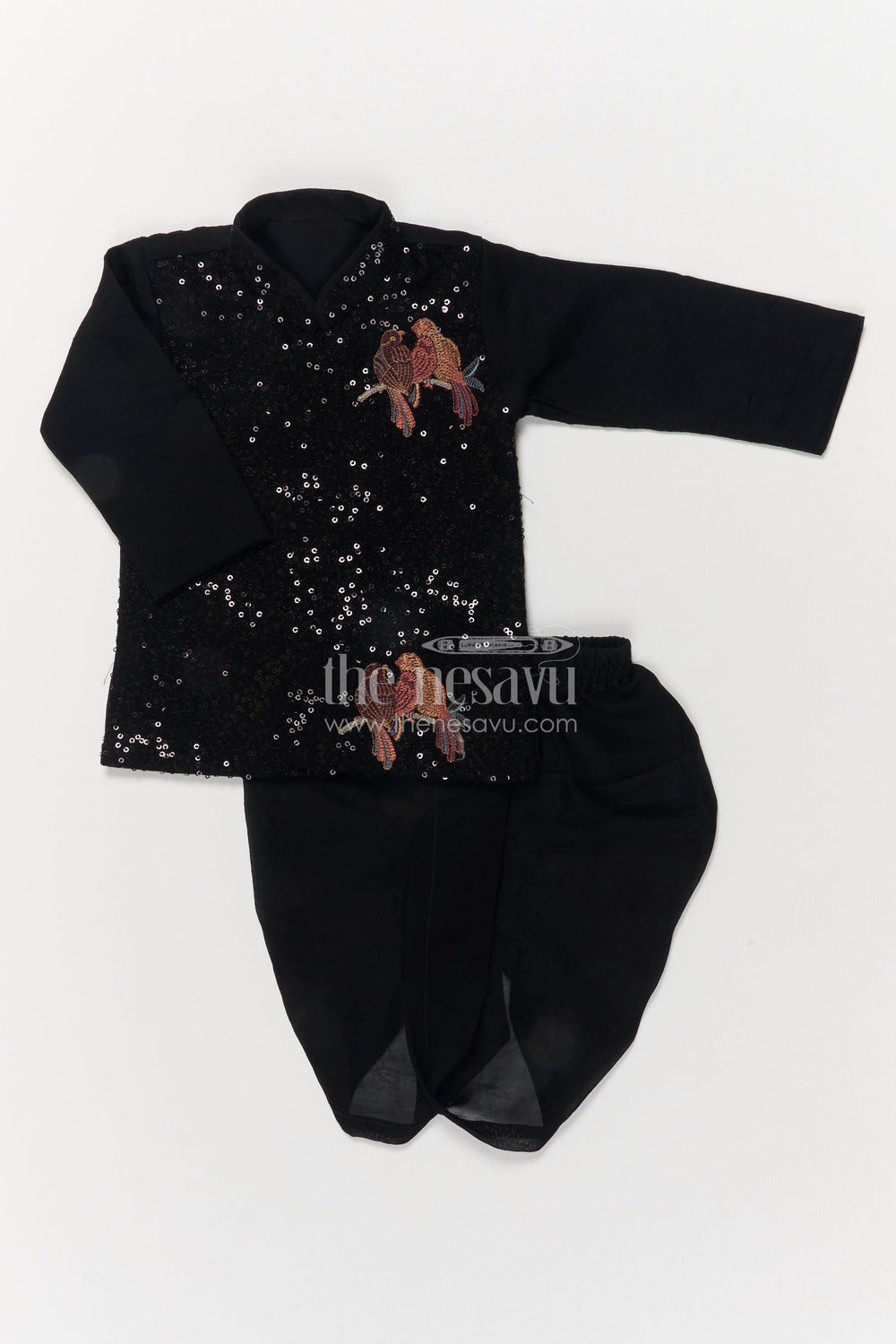The Nesavu Boys Dothi Set Toddler Boys Dhoti Set for Festive Events and Stage Performances Nesavu 10 (NB) / Black / Georgette BES944A-10 Nesavu toddler boys dhoti set with sequin and bird embroidery for festive and stage occasions