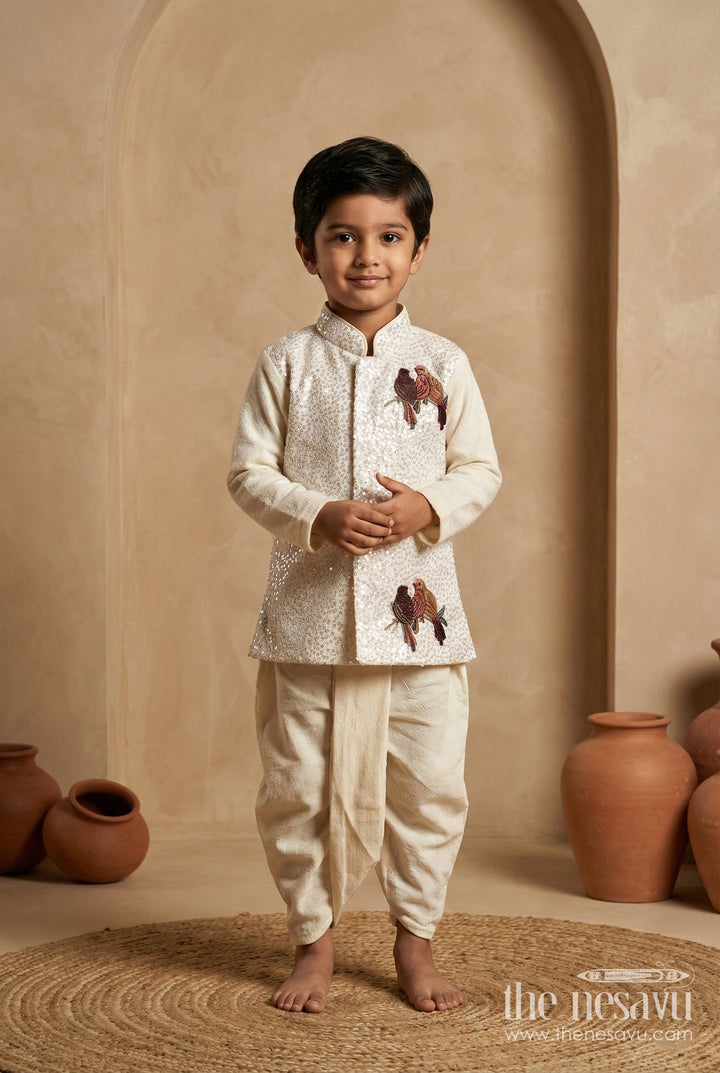 The Nesavu Boys Dothi Set Toddler Boys Dhoti Set for Festive Occasions and Family Functions Nesavu 10 (NB) / White / Georgette BES944C-10 Nesavu toddler boys embroidered dhoti set with sequins and bird motifs for festive occasions