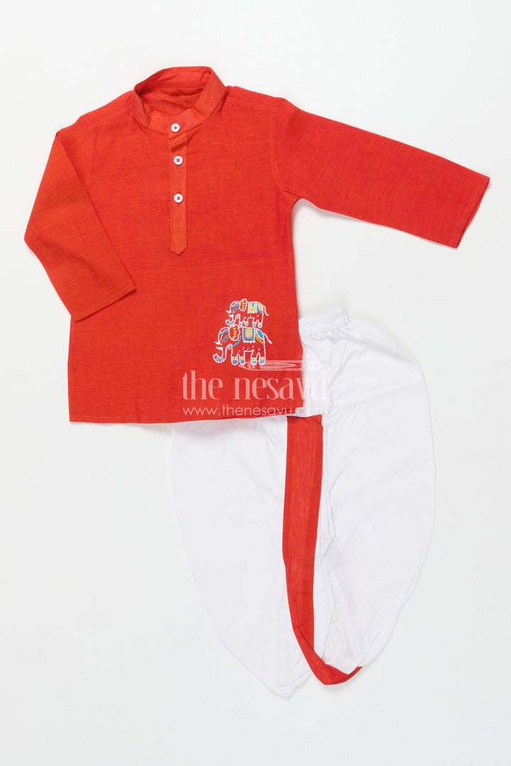 The Nesavu Boys Dothi Set Toddler Boys Dhoti Set for Temple Visits and Naming Ceremonies Nesavu 14 (6M) / Red BES925A-14 Nesavu toddler boys handloom cotton dhoti set embroidery naming ceremony temple visits