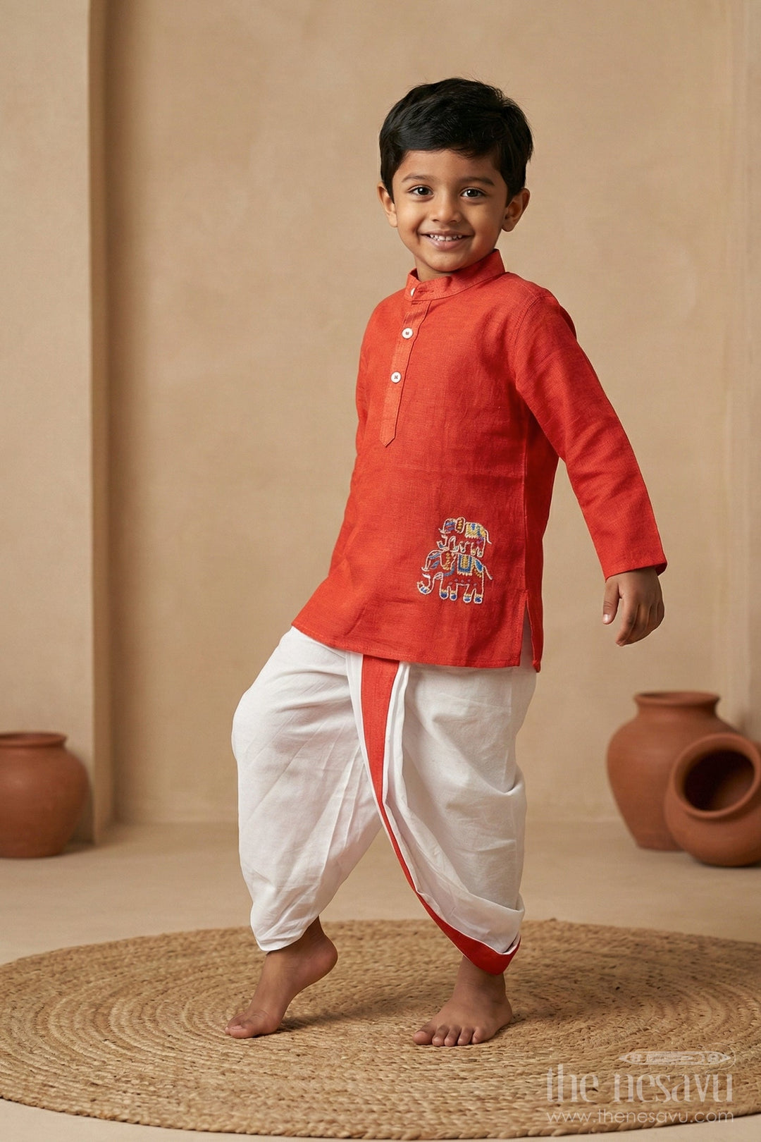 The Nesavu Boys Dothi Set Toddler Boys Dhoti Set for Temple Visits and Naming Ceremonies Nesavu 14 (6M) / Red BES925A-14 Nesavu toddler boys handloom cotton dhoti set embroidery naming ceremony temple visits