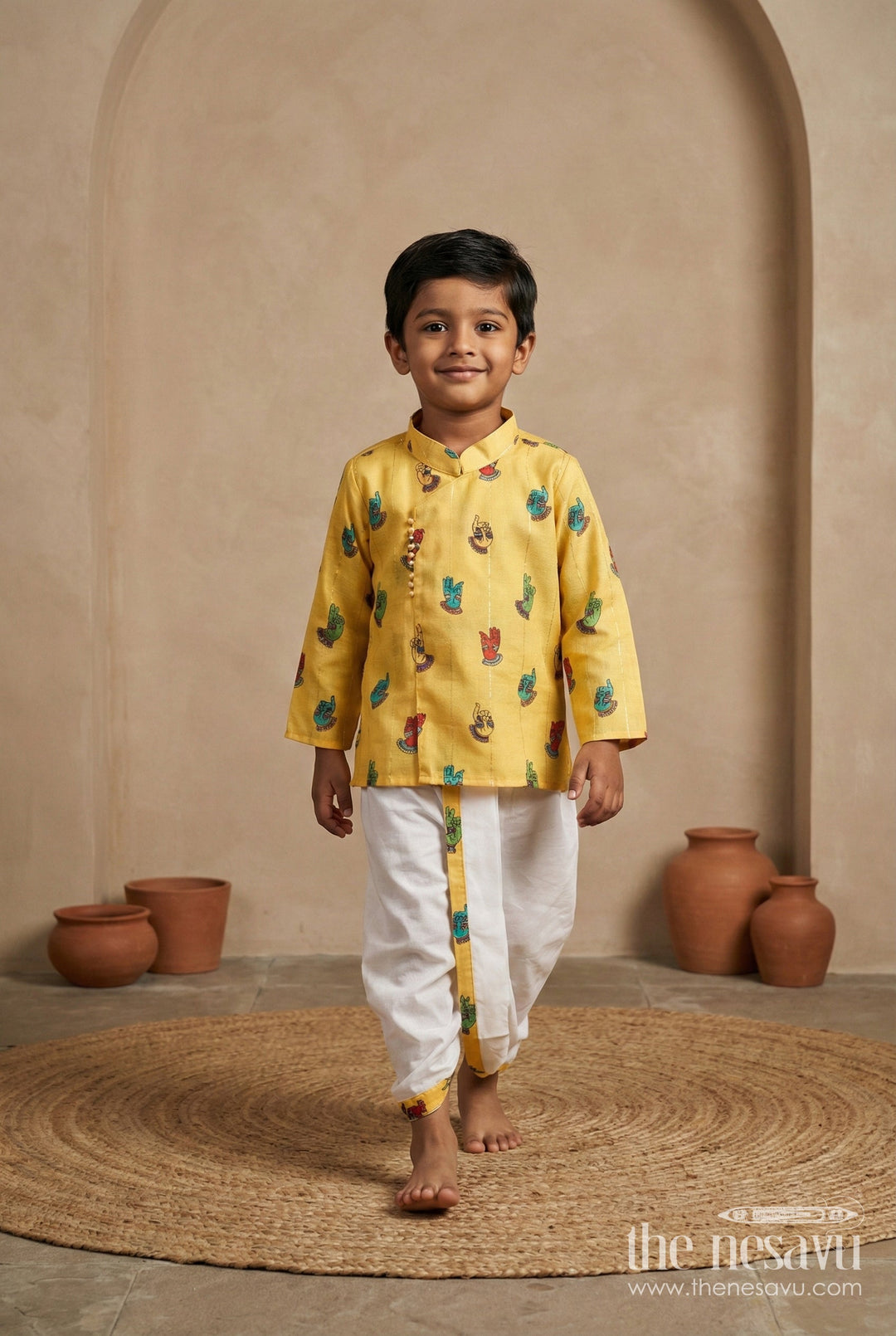 The Nesavu Boys Dothi Set Toddler Boys Dhoti Set for Weddings and Ethnic Functions Nesavu 12 (3M) / Yellow / Silk Blend BES947A-12 Nesavu toddler boys dhoti set with digital print for ethnic celebrations and weddings