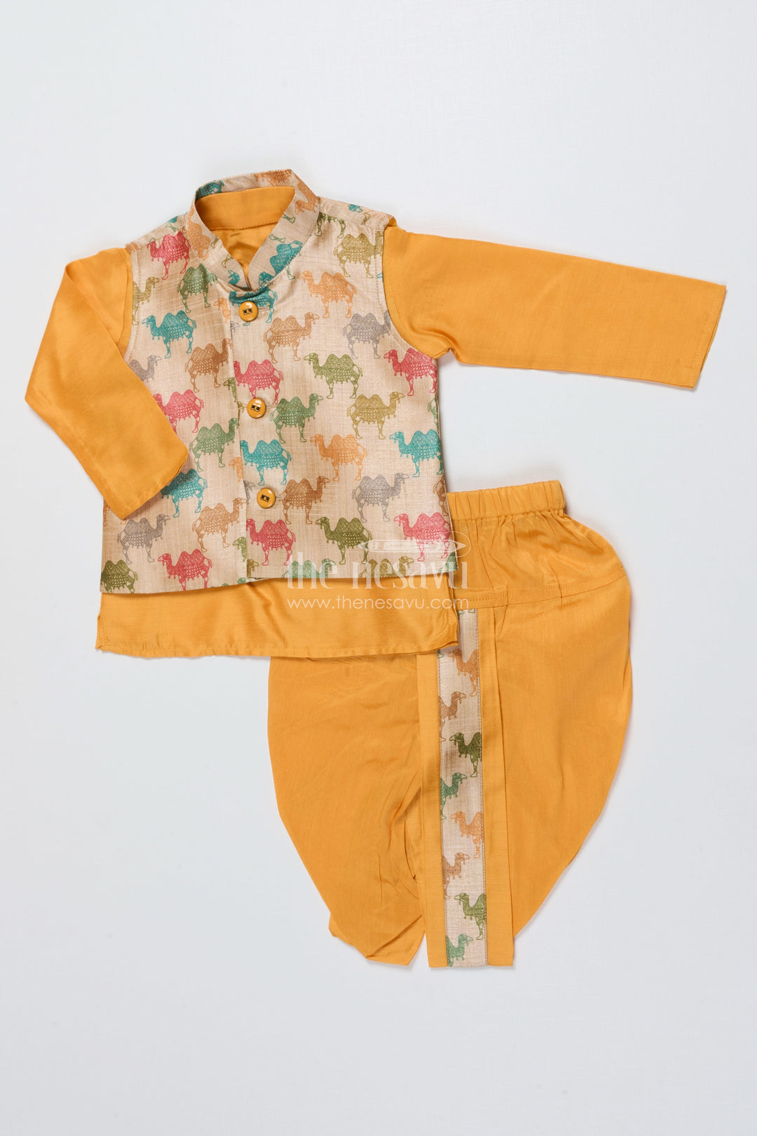 The Nesavu Boys Dothi Set Toddler Boys Dhoti Set with Printed Festive Jacket Nesavu 12 (3M) / Yellow BES731A-12 Nesavu toddler boys dhoti set digital print festive jacket traditional occasions