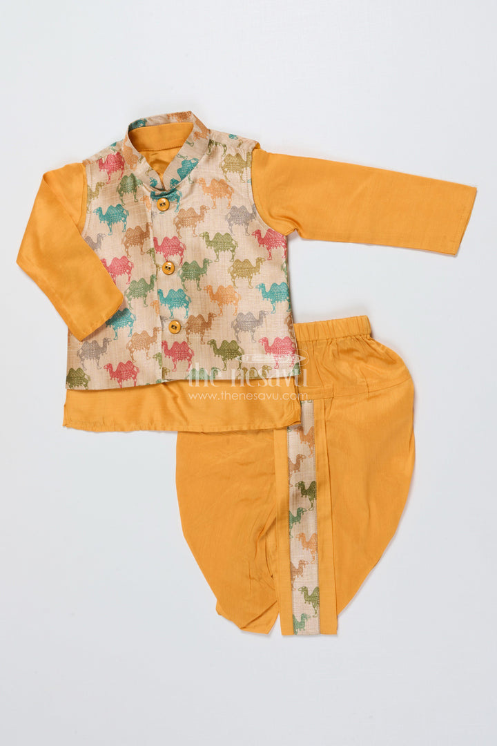 The Nesavu Boys Dothi Set Toddler Boys Dhoti Set with Printed Festive Jacket Nesavu 12 (3M) / Yellow BES731A-12 Nesavu toddler boys dhoti set digital print festive jacket traditional occasions
