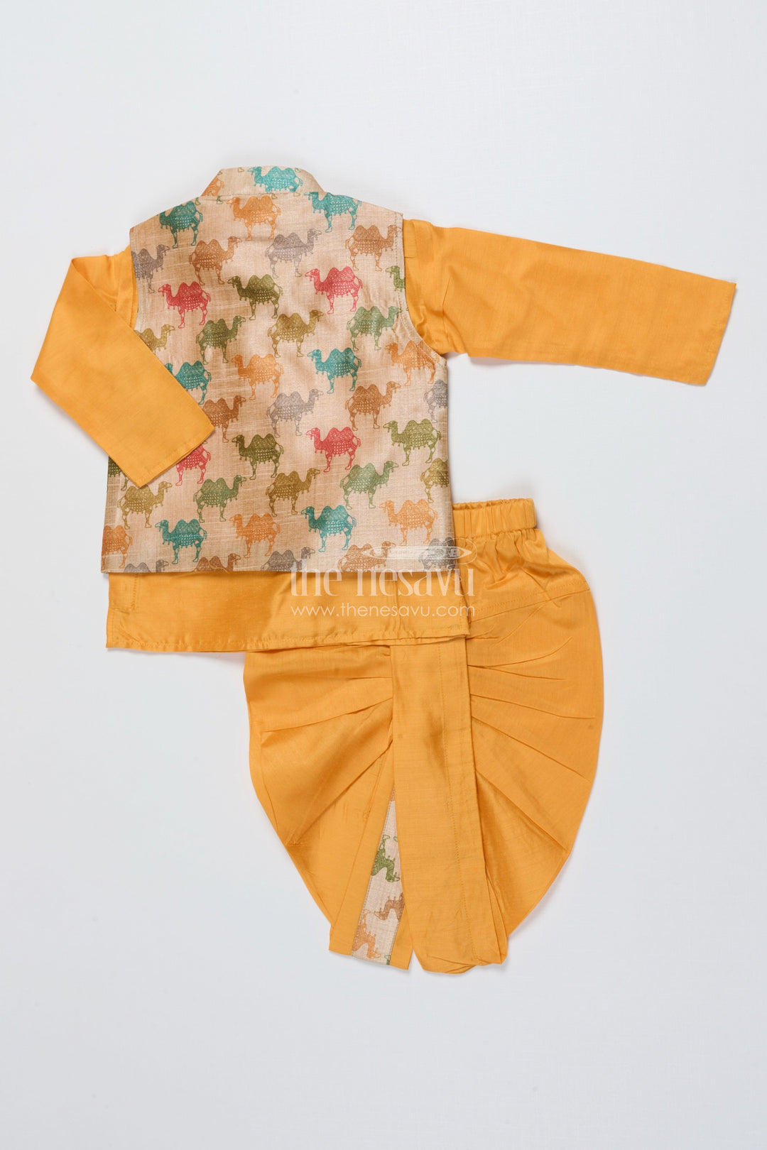 The Nesavu Boys Dothi Set Toddler Boys Dhoti Set with Printed Festive Jacket Nesavu Nesavu toddler boys dhoti set digital print festive jacket traditional occasions