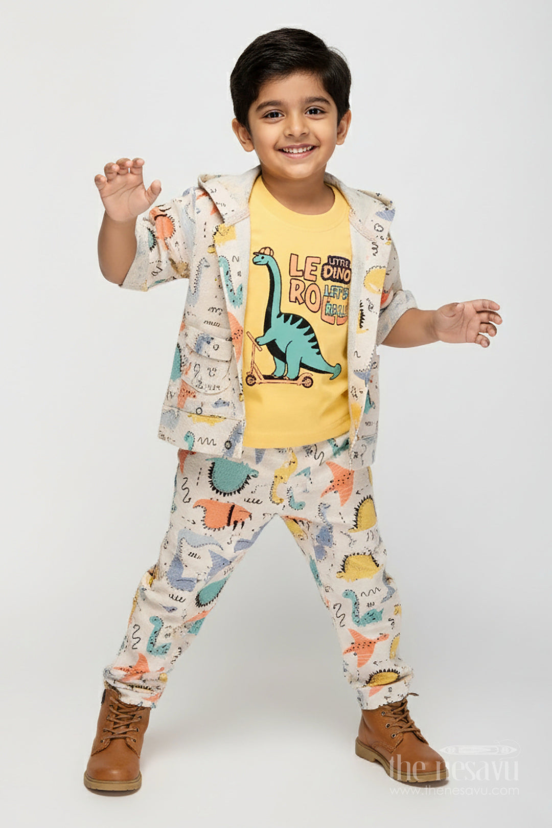 The Nesavu Boys Casual Set Toddler Boys Dinosaur Print Cotton Hoodie and T-Shirt Set Nesavu 14 (6M) / Yellow BCS388A-14 Nesavu toddler boys cotton hoodie set with dinosaur print and matching pants