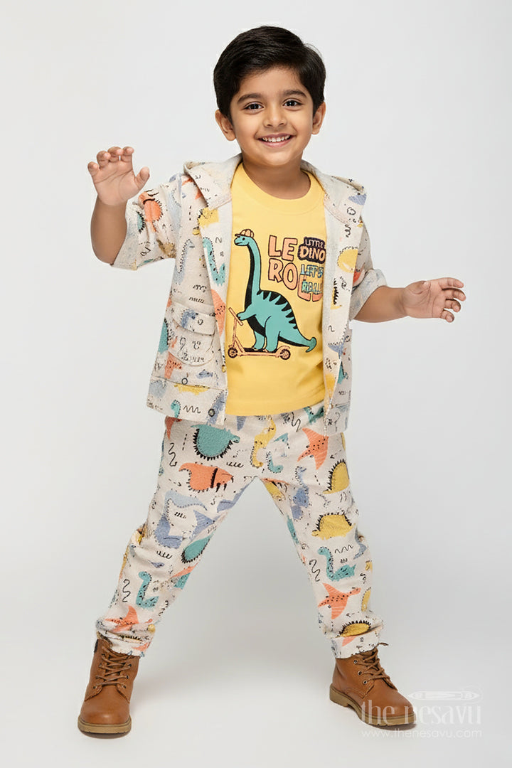 The Nesavu Boys Casual Set Toddler Boys Dinosaur Print Cotton Hoodie and T-Shirt Set Nesavu 14 (6M) / Yellow BCS388A-14 Nesavu toddler boys cotton hoodie set with dinosaur print and matching pants