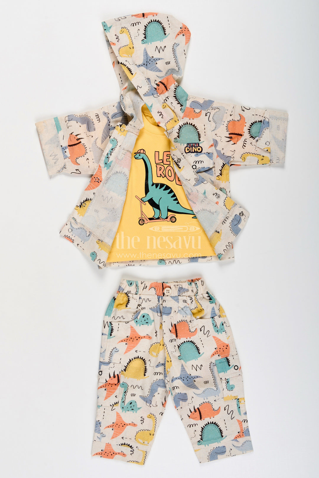 The Nesavu Boys Casual Set Toddler Boys Dinosaur Print Cotton Hoodie and T-Shirt Set Nesavu Nesavu toddler boys cotton hoodie set with dinosaur print and matching pants