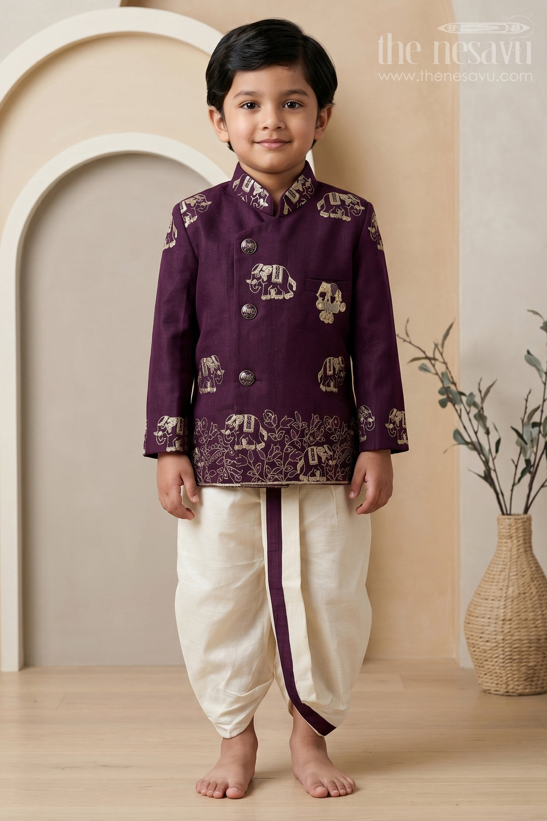 The Nesavu Boys Kurtha Set Toddler Boys Elephant Embroidery Kurta Set for Weddings Nesavu 14 (6M) / Black / Viscose BES1017A-14 Nesavu Toddler Boys Elephant Embroidery Kurta Set With Dhoti Pants For Festive Weddings