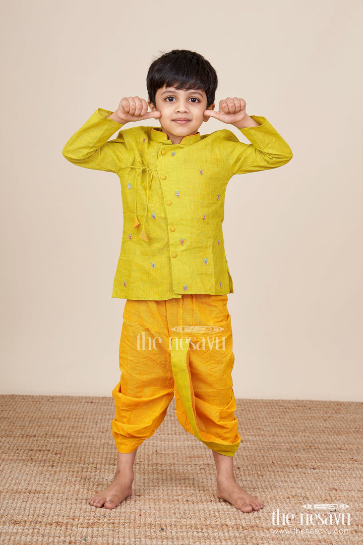 The Nesavu Boys Dothi Set Toddler Boys Embroidered Dhoti Set for Festive and Cultural Functions Nesavu 14 (6M) / Orange BES896A-14 Nesavu toddler boys embroidered cotton dhoti set festive family occasions cultural dressing