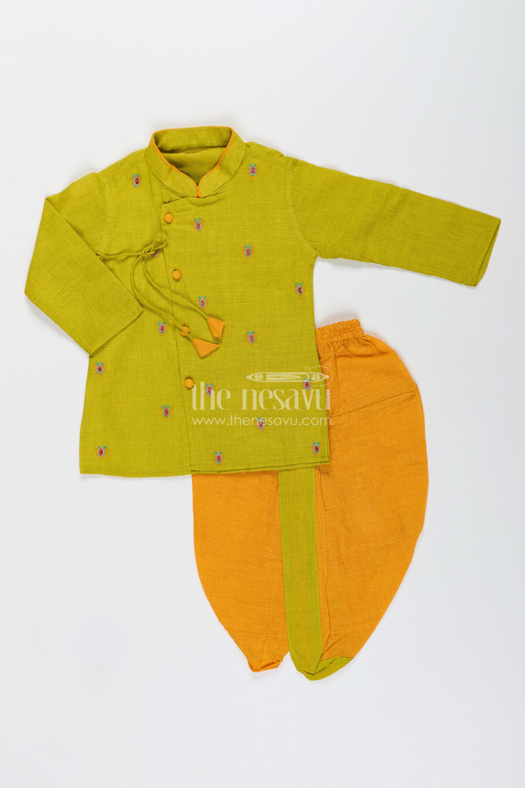 The Nesavu Boys Dothi Set Toddler boys embroidered dhoti set for festive and cultural functions Nesavu Nesavu toddler boys embroidered cotton dhoti set festive family occasions cultural dressing