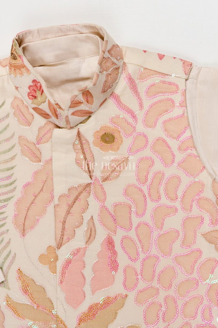 The Nesavu Boys Jacket Sets Toddler Boys Embroidered Jacket Set for Weddings and Cultural Day Nesavu 16 (1Y) / Cream BES743A-16 Nesavu toddler boys jacket set sequin embroidery weddings festive functions