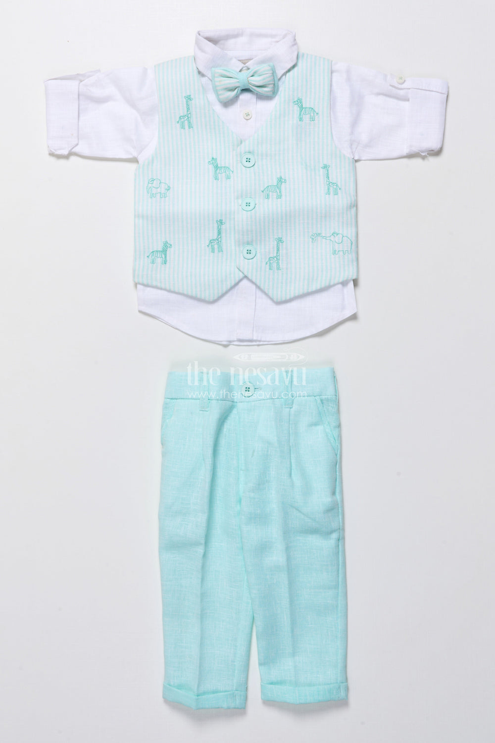 The Nesavu Boys Casual Set Toddler Boys Ethnic Cotton Outfit with Embroidered Jacket for Functions Nesavu 16 (1Y) / Blue BCS440A-16 Nesavu ethnic cotton outfit toddler boys animal embroidery jacket bow tie set