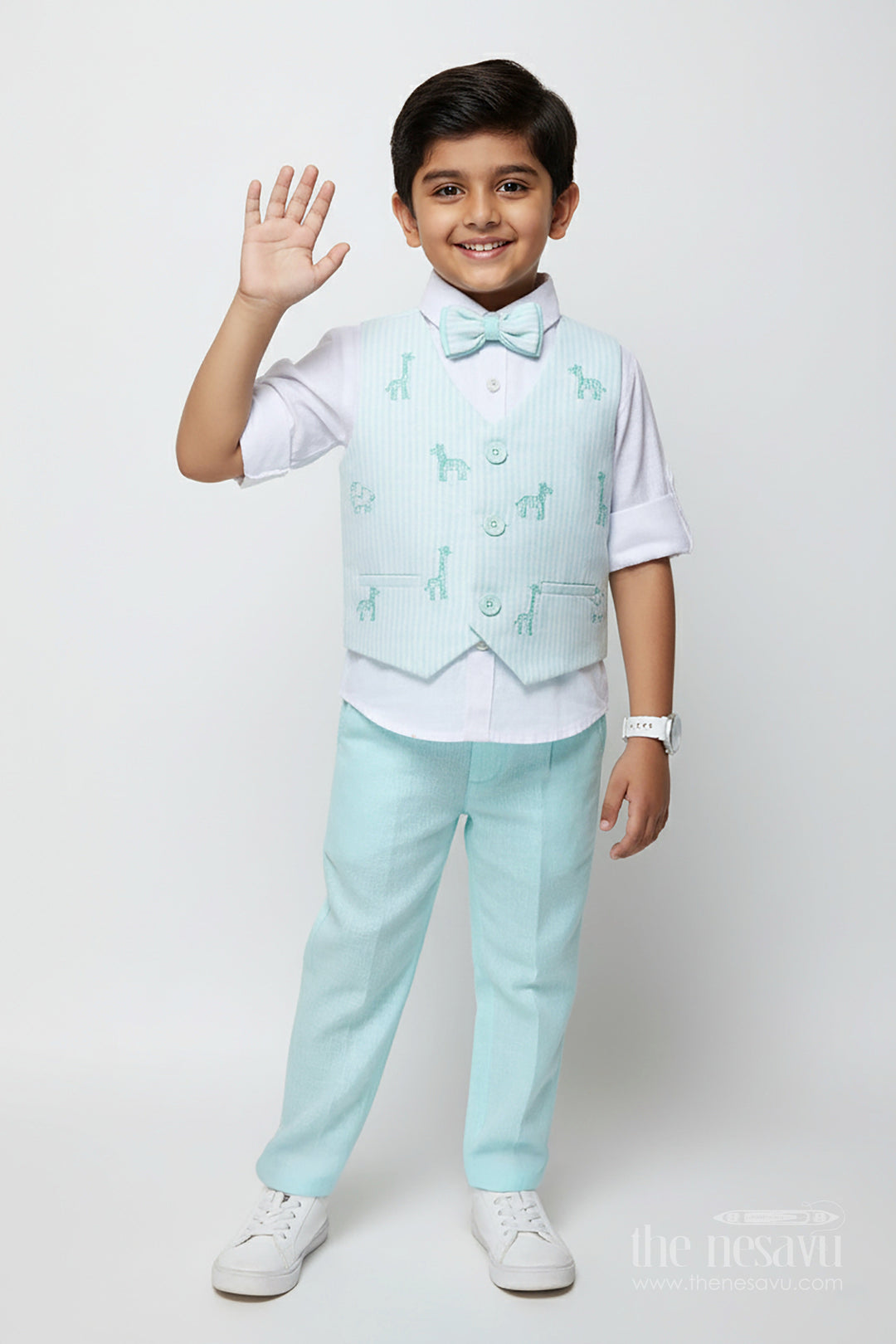 The Nesavu Boys Casual Set Toddler Boys Ethnic Cotton Outfit with Embroidered Jacket for Functions Nesavu 16 (1Y) / Blue BCS440A-16 Nesavu ethnic cotton outfit toddler boys animal embroidery jacket bow tie set