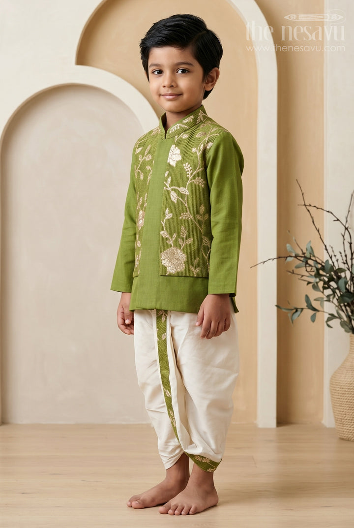 The Nesavu Boys Jacket Sets Toddler Boys Ethnic Jacket Outfit for Traditional Family Functions Nesavu 10 (NB) / Green / Viscose Silk BES1023B-10 Nesavu Toddler Boys Ethnic Jacket Outfit With Floral Detailing For Festive Family Occasions