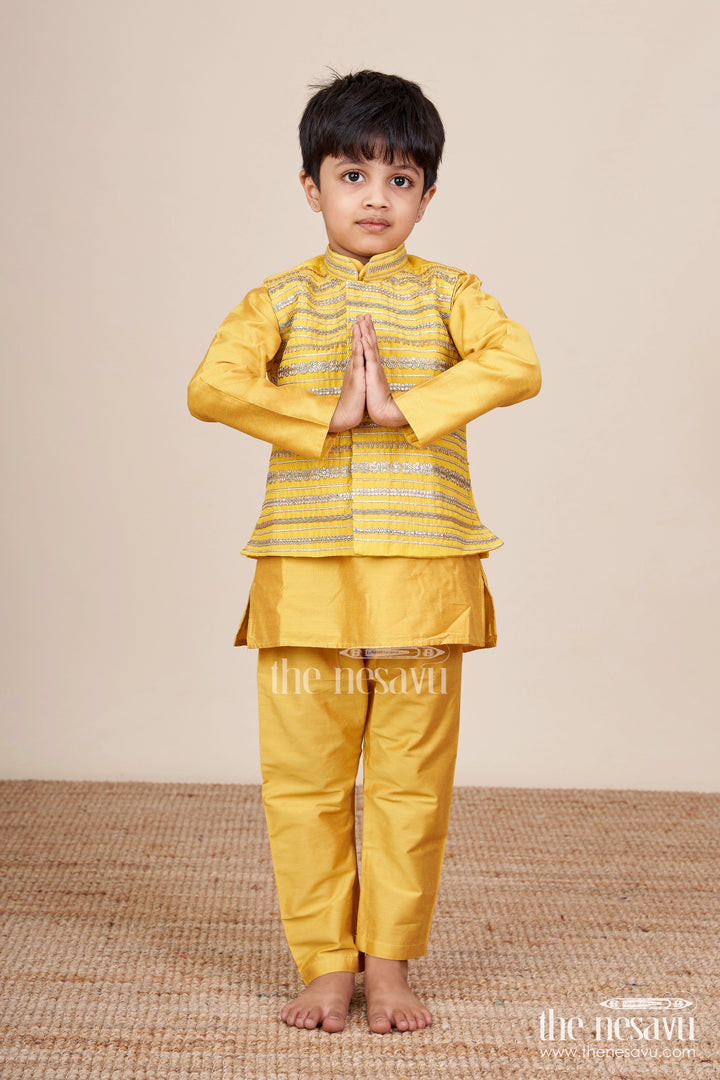 The Nesavu Boys Jacket Sets Toddler Boys Ethnic Jacket Set for Weddings and Festive Events Nesavu 18 (2Y) / Yellow BES740B-18 Nesavu toddler boys ethnic jacket set designer embroidery weddings festivals