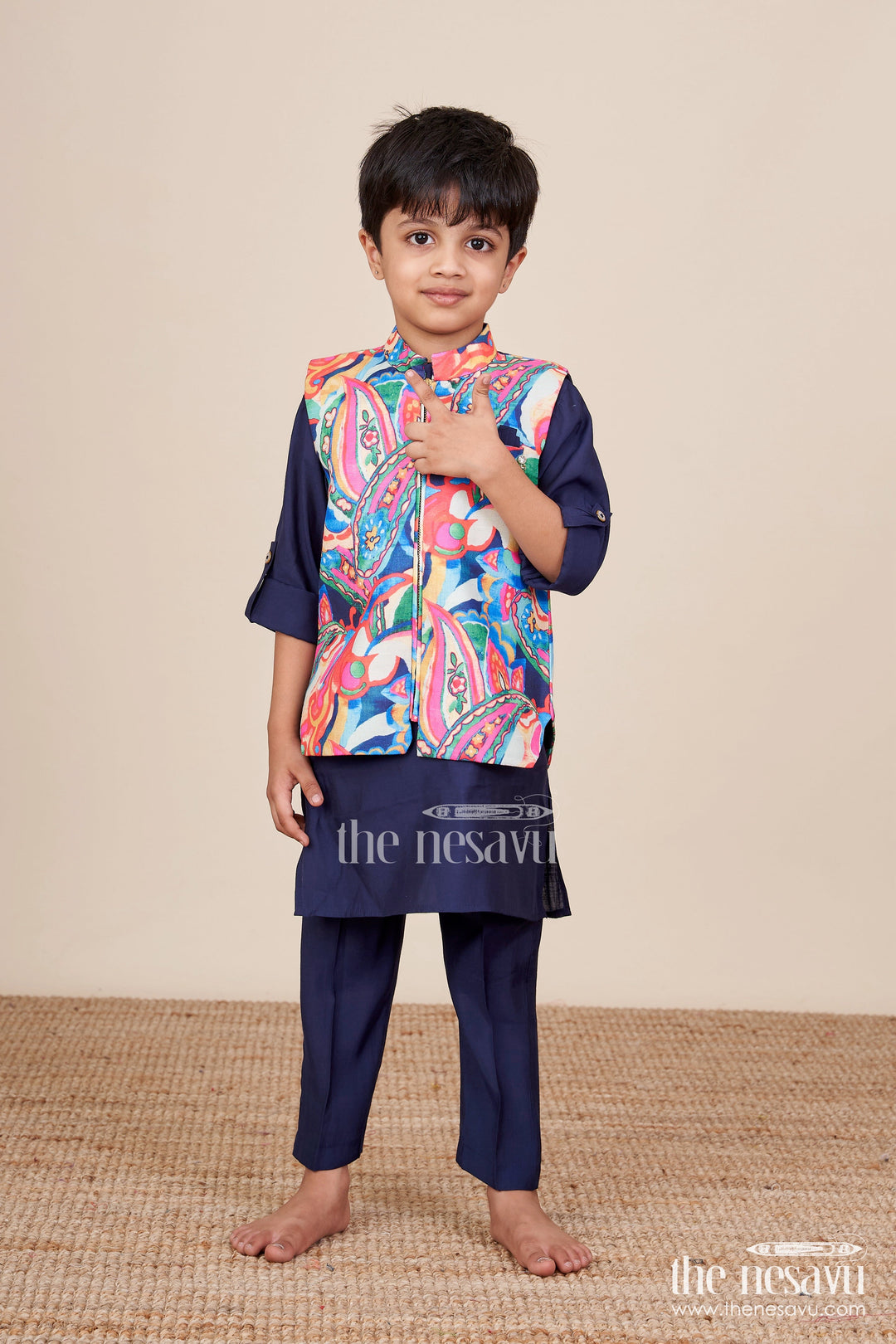 The Nesavu Boys Kurtha Set Toddler Boys Ethnic Kurta Set with Digital Print Jacket for Cultural Events Nesavu 16 (1Y) / Black BES906B-16 Nesavu toddler boys kurta set printed jacket festive functions school ethnic days