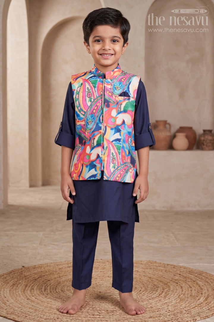 The Nesavu Boys Kurtha Set Toddler Boys Ethnic Kurta Set with Digital Print Jacket for Cultural Events Nesavu 16 (1Y) / Black BES906B-16 Nesavu toddler boys kurta set printed jacket festive functions school ethnic days