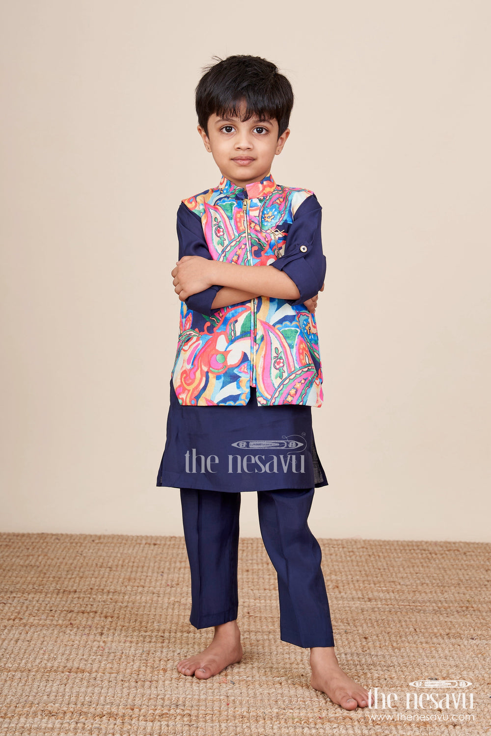 The Nesavu Boys Kurtha Set Toddler Boys Ethnic Kurta Set with Digital Print Jacket for Cultural Events Nesavu Nesavu toddler boys kurta set printed jacket festive functions school ethnic days
