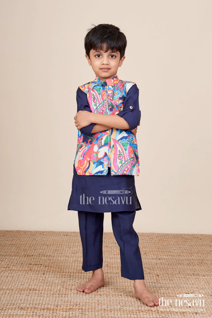 The Nesavu Boys Kurtha Set Toddler Boys Ethnic Kurta Set with Digital Print Jacket for Cultural Events Nesavu Nesavu toddler boys kurta set printed jacket festive functions school ethnic days