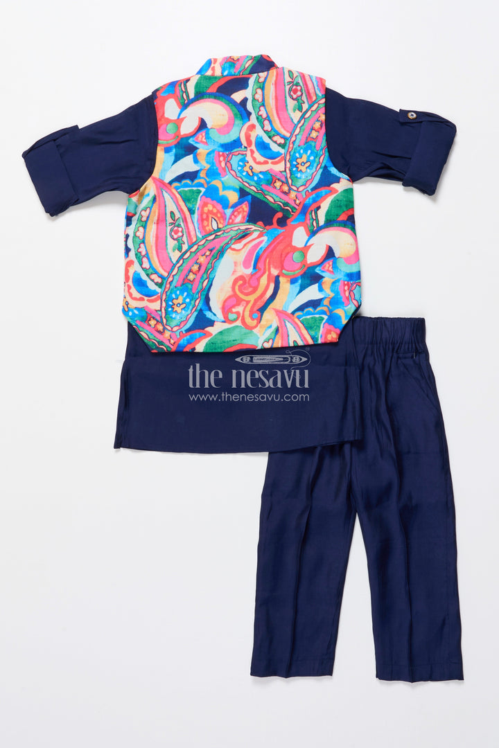 The Nesavu Boys Kurtha Set Toddler Boys Ethnic Kurta Set with Digital Print Jacket for Cultural Events Nesavu Nesavu toddler boys kurta set printed jacket festive functions school ethnic days