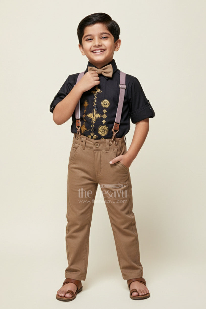 The Nesavu Boys Casual Set Toddler Boys Festive Cotton Outfit with Printed Shirt and Suspenders Nesavu 16 (1Y) / Black BCS436A-16 Nesavu festive cotton outfit toddler boys printed shirt suspenders bow tie