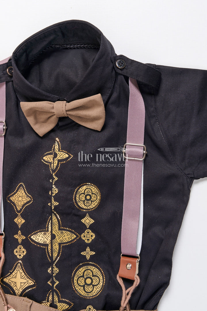 The Nesavu Boys Casual Set Toddler Boys Festive Cotton Outfit with Printed Shirt and Suspenders Nesavu Nesavu festive cotton outfit toddler boys printed shirt suspenders bow tie